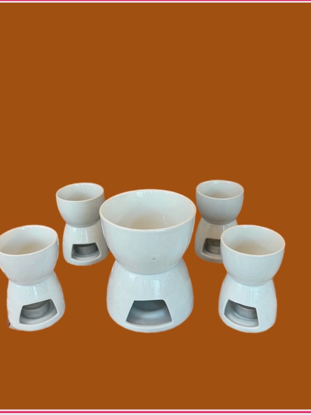 Crate&Barrel White Ceramic Fondue Set with Four Dippers